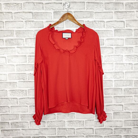 ALEXIS Scoop Neck Ruffle Blouse Red Long Sleeve Size Medium - Picture 8 of 8